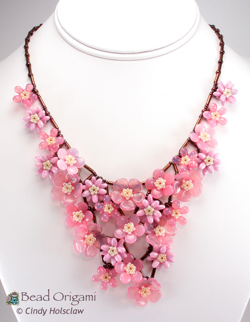 Pink Gemstones Lariat Necklace Cherry Blossom Sakura Japanese 